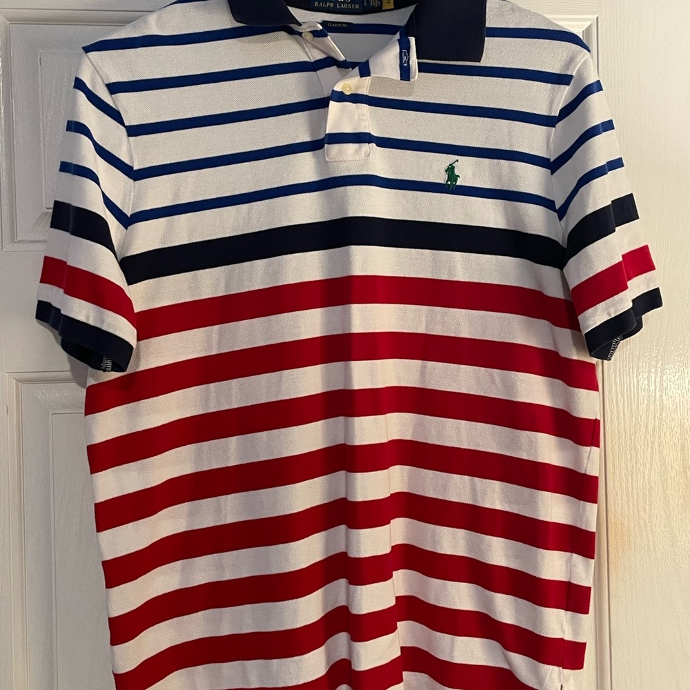 Ralph Lauren Men's Polo Shirt - Navy, White, and Red Stripes 100% Cotton